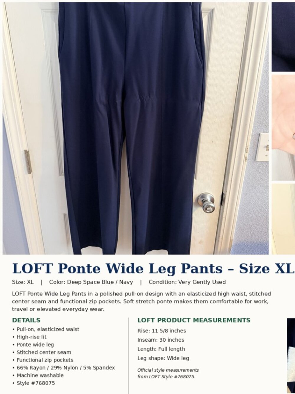 LOFT Ponte Wide Leg Pants Navy Blue Pull-On Stretch Size XL